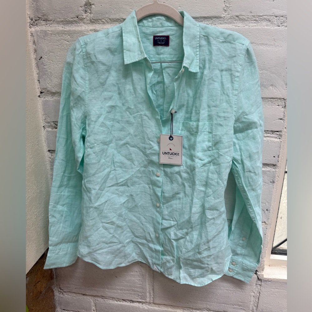 New NWT UNTUCKit blush light Green Linen Shirt SIZE 2